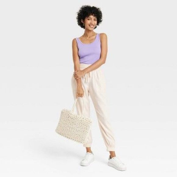 Women's High-Rise Regular Fit Ankle Linen Jogger Pants - A New Day Cream S - Picture 2 of 2